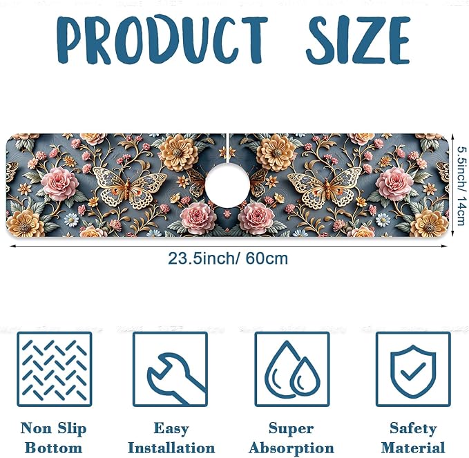 Gold Butterfly Kitchen Sink Splash Guard Faucet Mat Pink Floral Super Absorbent - Image 2