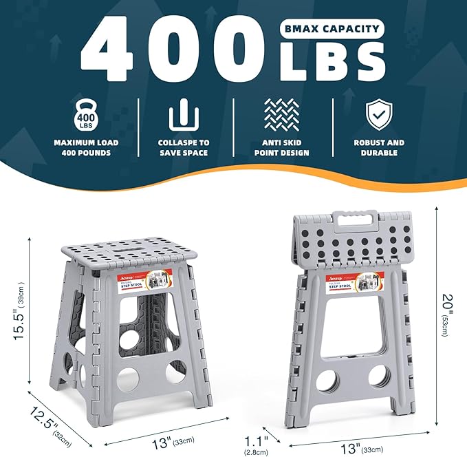 ACSTEP Folding Step Stool 16 Inch Heavy Duty Step Stool Foldable for Adults and Kids, Collapsible Stepping Stool with Handle, Non Slip Folding Stools for Kitchen Hold Up to 400lbs (Grey 1PC) - Image 5