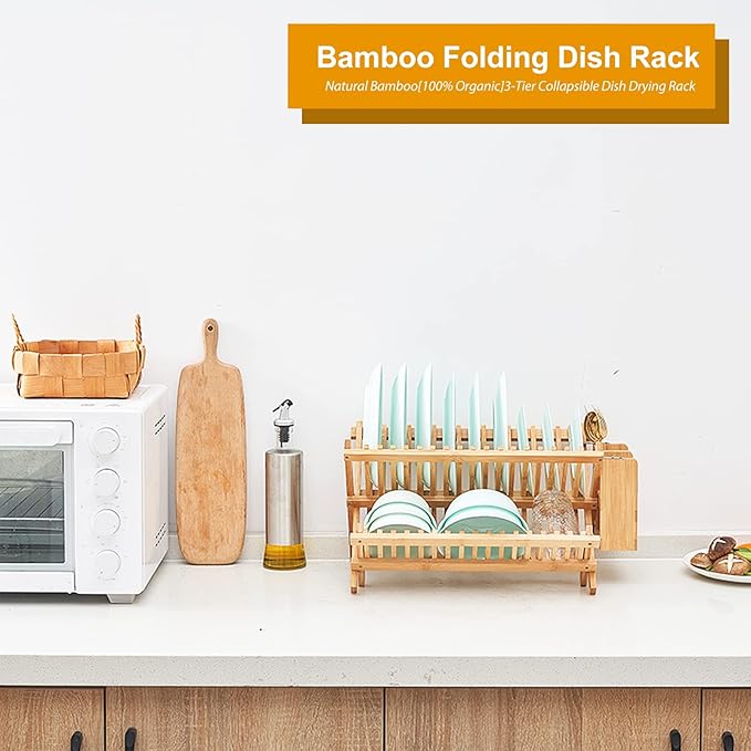 Bamboo Dish Drying Rack, 3-Tier Collapsible Wooden Dish Rack - Image 7