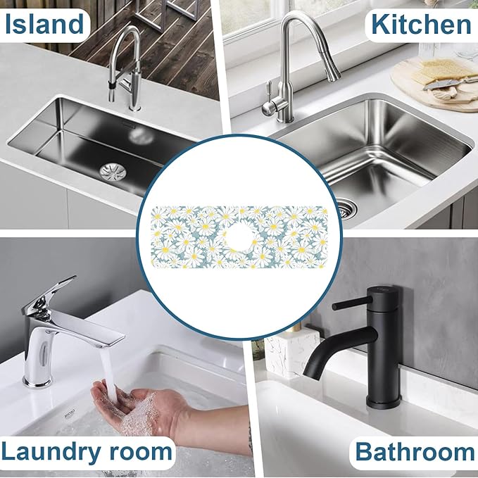 White Flower Sink Splash Guard Cute Chamomile Faucet Absorbing Mat Fast Drying - Image 7