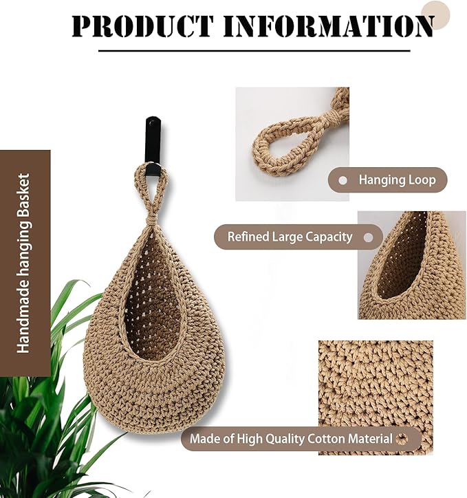Hanging Fruit Large Basket Set of 3, Boho Wall Hanging Storage Basket - Image 3