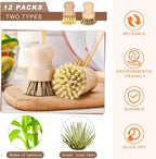 12 Pcs Bamboo Dish Brush, Wooden Scrubber Sisal Bristle Kitchen Wood Brushes - Image 2