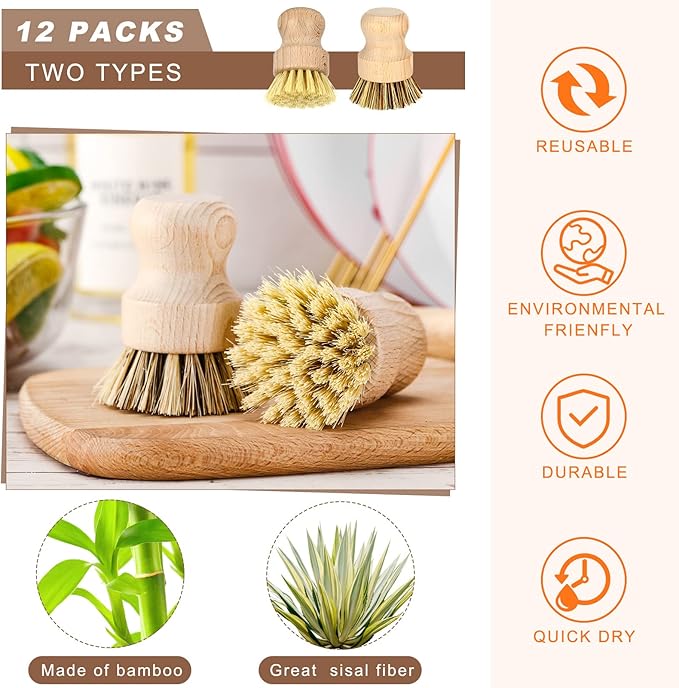 12 Pcs Bamboo Dish Brush, Wooden Scrubber Sisal Bristle Kitchen Wood Brushes - Image 2