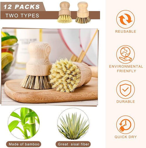 12 Pcs Bamboo Dish Brush, Wooden Scrubber Sisal Bristle Kitchen Wood Brushes - Image 2