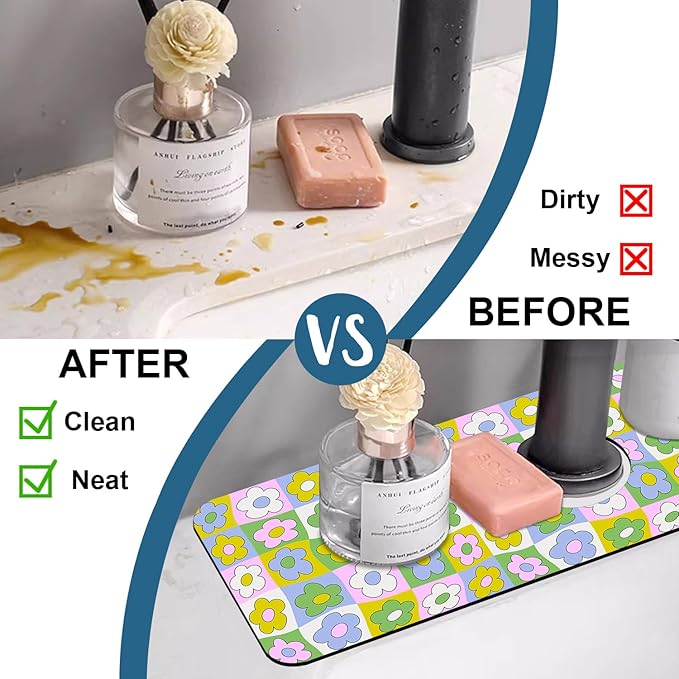 Cute Flowers Kitchen Sink Splash Guard Faucet Mat Retro Floral Super Absorbent - Image 6