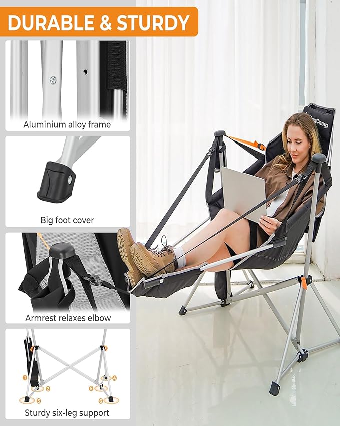 KingCamp Hammock Chair with Footrest – Heavy Duty Swinging Rocking Camping Chairs for Adults up to 400lbs, Folding Portable Oversized Rocker with Cup Holder & Pillow for Outdoor Beach Lawn RV Sports - Image 8