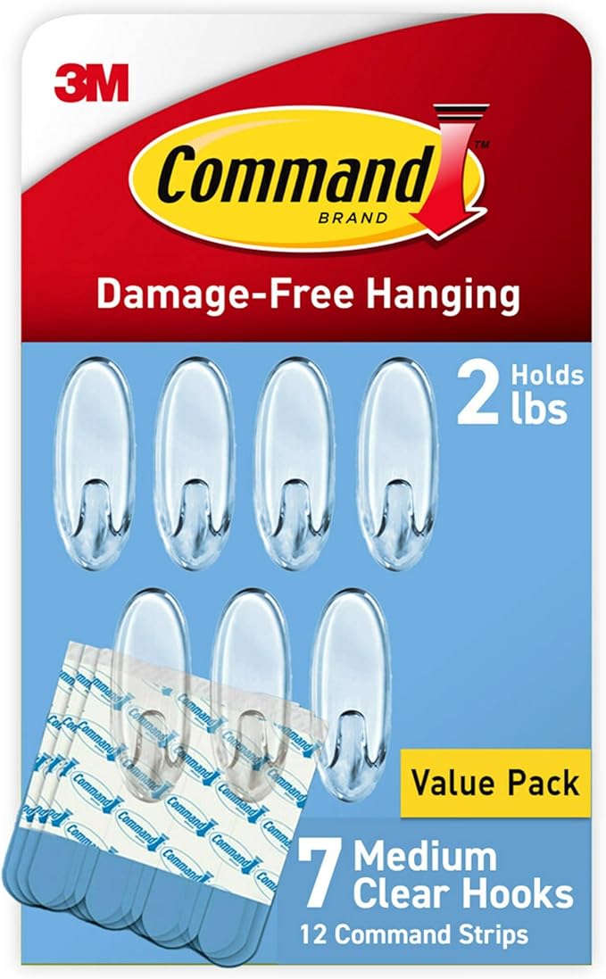 Command Medium Clear Wall Hook, 7 Wall Hook and 12 Strips, Damage-Free Hanging by Command