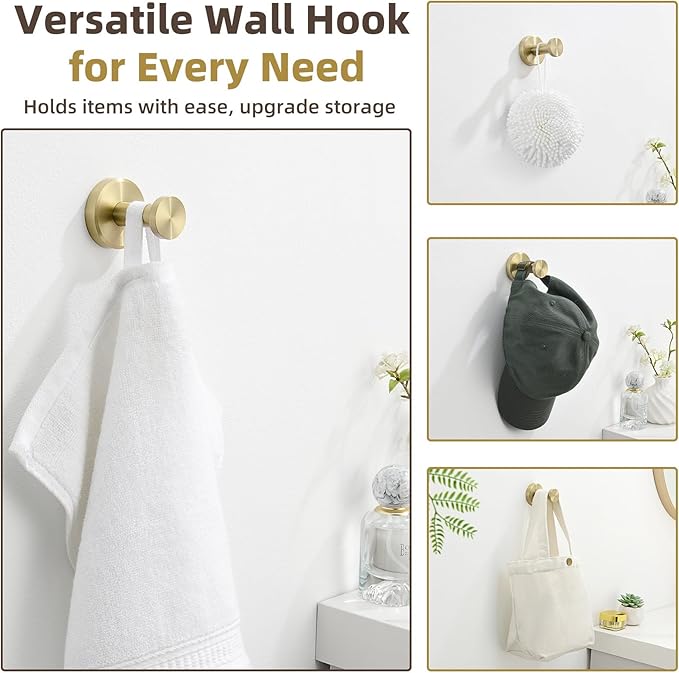 APLusee Brushed Gold Single Robe Wall Hook, 304 Stainless Steel Heavy Duty - Image 6