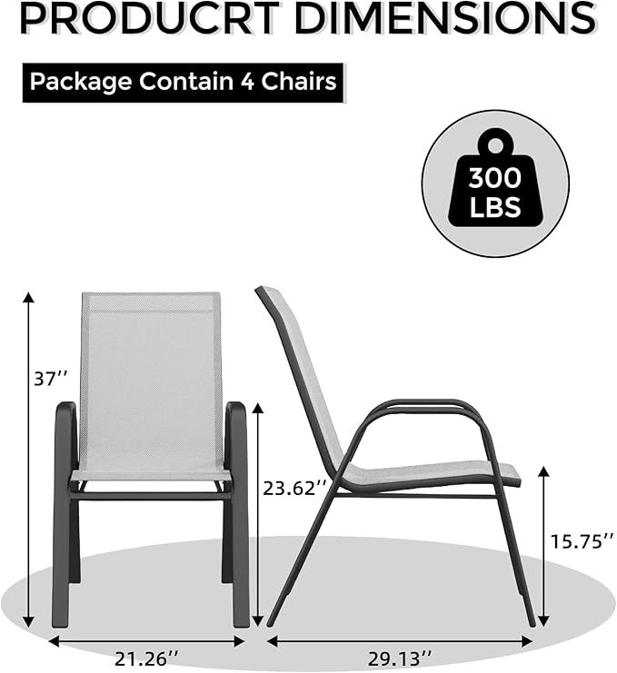 Outdoor Stackable Dining Chairs Set of 4, High-Back Patio Stacking Chairs, Patio Chairs with Textilene Farbic & Metal Frame for Lawn Backyard Deck Garden,Grey - Image 6