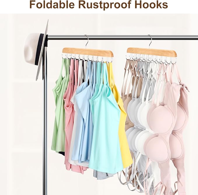 Bra Hanger for Closet, Tank Top Organizer 20 Hooks Capacity Foldable Wood Space - Image 4