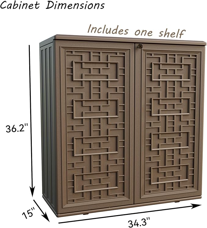 Indoor Outdoor Storage Cabinet Waterproof with 1 Shelf, Plastic Outdoor Storage Cabinets for Patio/Garden/Backyard, Size 34.3''L*15''W*36.2''H(Brown) - Image 3