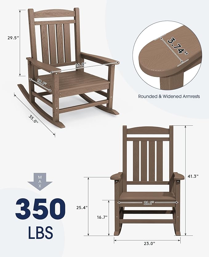 KINGYES HDPE Outdoor Rocking Chair, Widened Seat Patio Rocking Chair, Oversized All Weather Patio Rocker, Brown - Image 3