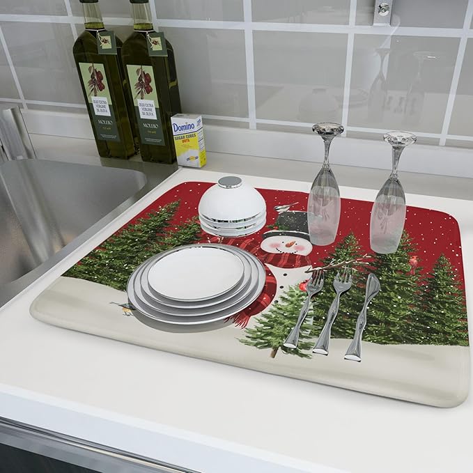 Christmas Dish Drying Mat for Kitchen Counter Red Xmas Snowman Trees Birds - Image 6