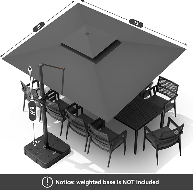 10 X 13 FT Cantilever Outdoor Patio Umbrella with Base Included Large Heavy Duty 360° Rotation Double Top Offset Rectangular Umbrellas with Led Lights for Backyard Outside Deck,Grey - Image 9