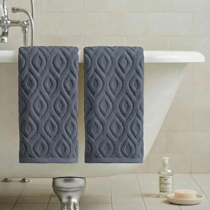 Artoid Mode 2 Pcs Grey 3D Diamond Grid Jacquard Hand Towels - Image 4