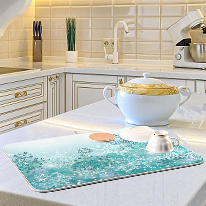 ALAZA Silver Winter Teal Turquoise Snowflakes Christmas Dish Drying Mat - Image 6