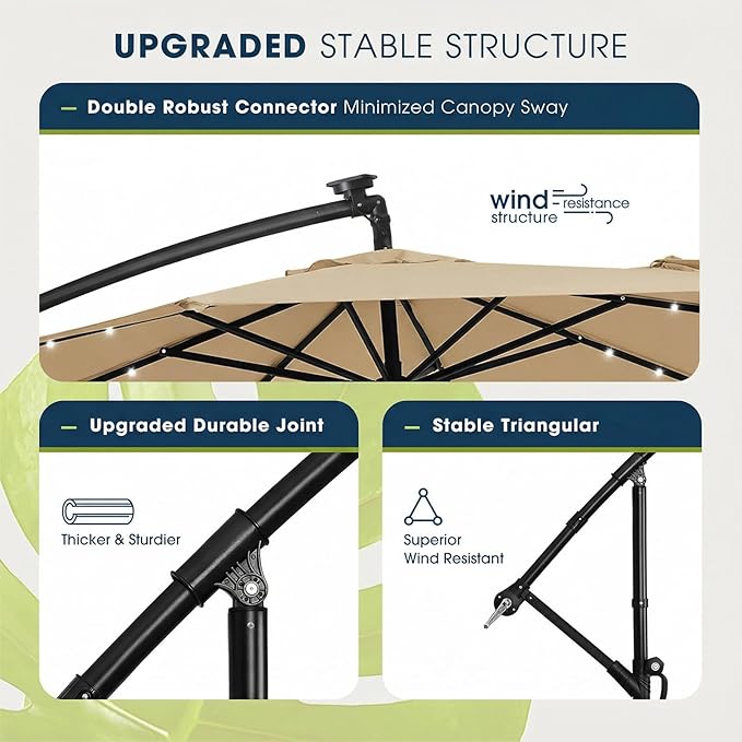 wikiwiki 10ft Solar LED Patio Umbrella with Base Included, Offset Umbrella with Weighted Sandbag Base, Cantilever Patio Umbrellas for Backyard, Garden & Deck, 32 LED Lights & Polyester Shade, Tan - Image 7
