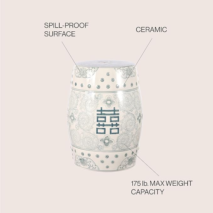 JONATHAN Y TBL1013C Double Happiness 18" Chinoiserie Ceramic Drum Indoor/Outdoor Garden Stool Bohemian, Coastal, Classic, Cottage, Traditional, Patio, Garden, Bathroom, Living Room, Gray Blue/White - Image 5