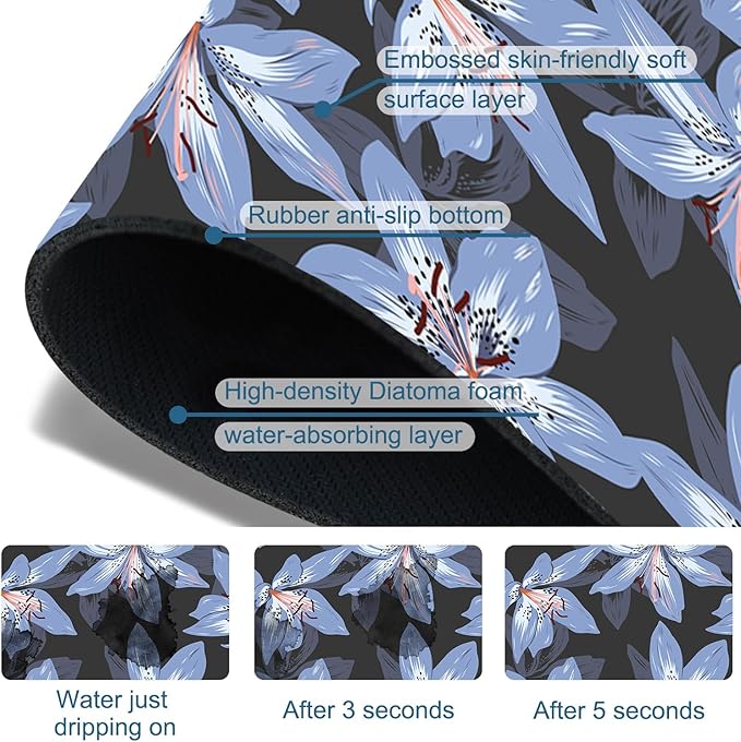 Blooming Lily Sink Faucet Absorbing Mat Blue Lily Flowers Super Absorbent Fast - Image 3