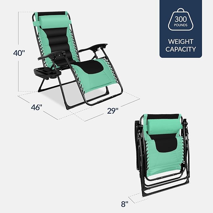 Best Choice Products Oversized Padded Zero Gravity Chair, Folding Outdoor Patio Recliner, XL Anti Gravity Lounger for Backyard w/Headrest, Cup Holder, Side Tray, Polyester Mesh - Green/Black - Image 3