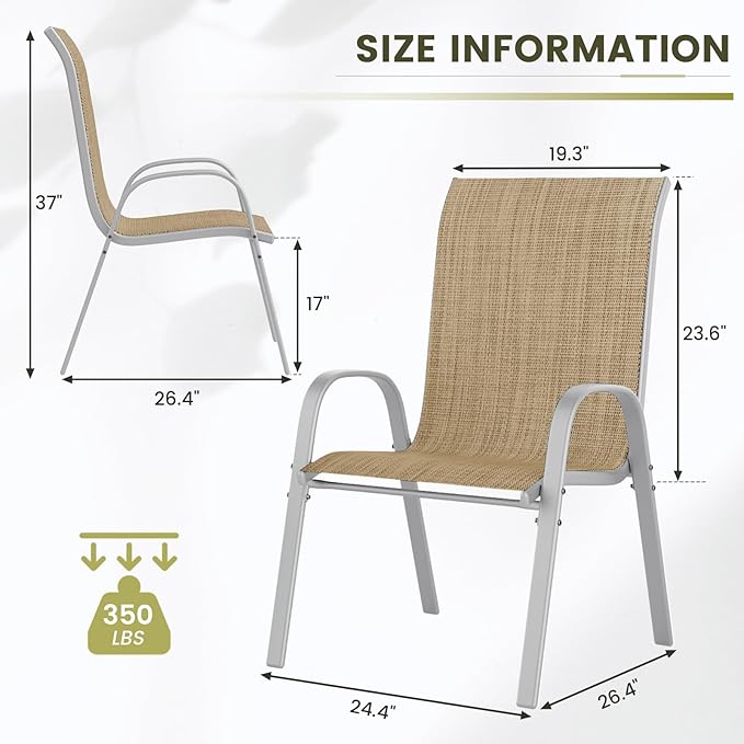 UDPATIO Patio Chairs Set of 2, Stackable Silver Outdoor Dining Chairs with High Back, Breathable Textilene Fabric Outdoor Chair All Weather, 350LBS Capacity for Garden, Backyard (Beige) - Image 3