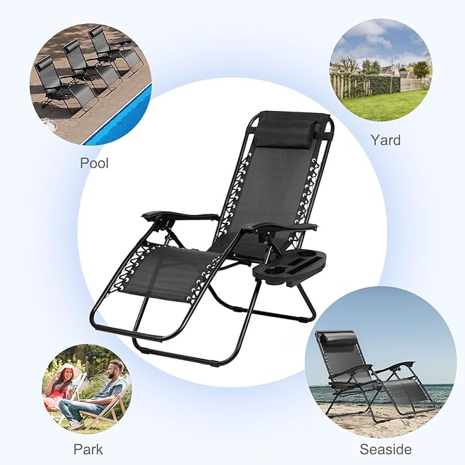 Nazhura Set of 2 Relaxing Recliners Patio Chairs Adjustable Steel Mesh Zero Gravity Lounge Chair Beach Chairs with Pillow and Cup Holder Black - Image 8