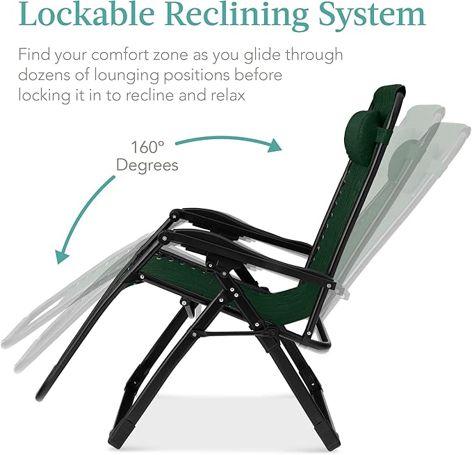 Best Choice Products Oversized Zero Gravity Chair, Folding Outdoor Patio Recliner, XL Anti Gravity Lounger w/Removable Cushion, Cup Holder, Side Tray, 350lb Capacity - Forest Green - Image 6