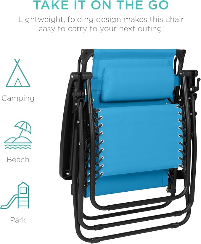 Best Choice Products 30” Wide Folding Zero Gravity Outdoor Recliner Patio Lounge Chair w/Adjustable Canopy Shade, Headrest, Side Accessory Tray - Light Blue - Image 9