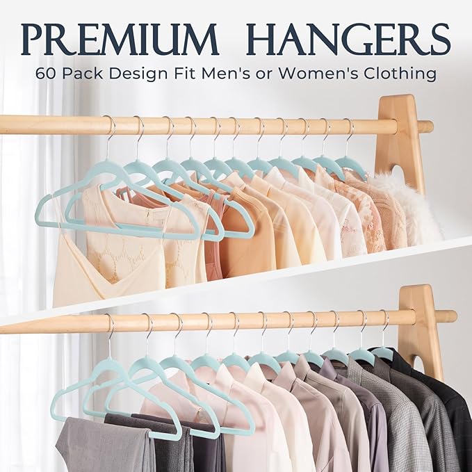 HOUSE DAY Sky Blue Velvet Hangers 60 Pack, Non Slip Clothes Felt Hanger Heavy - Image 8