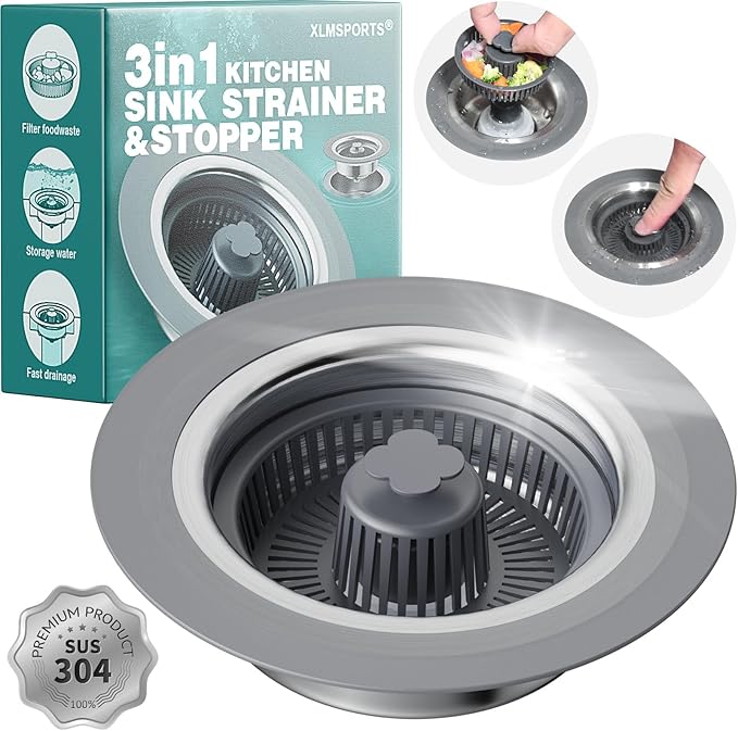 3 in 1 Kitchen Sink Drain Strainer and Stopper, 304 Stainless Steel Pop-up by XLMSPORTS