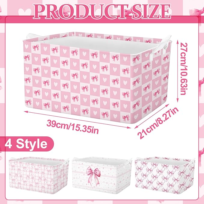 4 Pcs Pink Bow Storage Basket for Gifts Collapsible Girls Coqutte Pink Storage - Image 2
