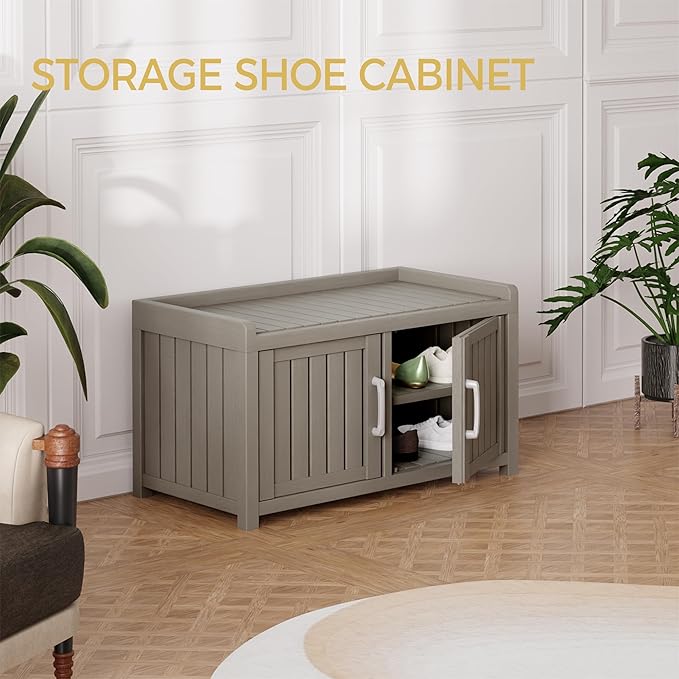 Storage Bench - 2 Doors Waterproof Resin Shoe Bench with Adjustable Shelves - Indoor & Outdoor Use, Entryway Bench with Seating for Bedroom, Living Room, Hallway - Grey - Image 8