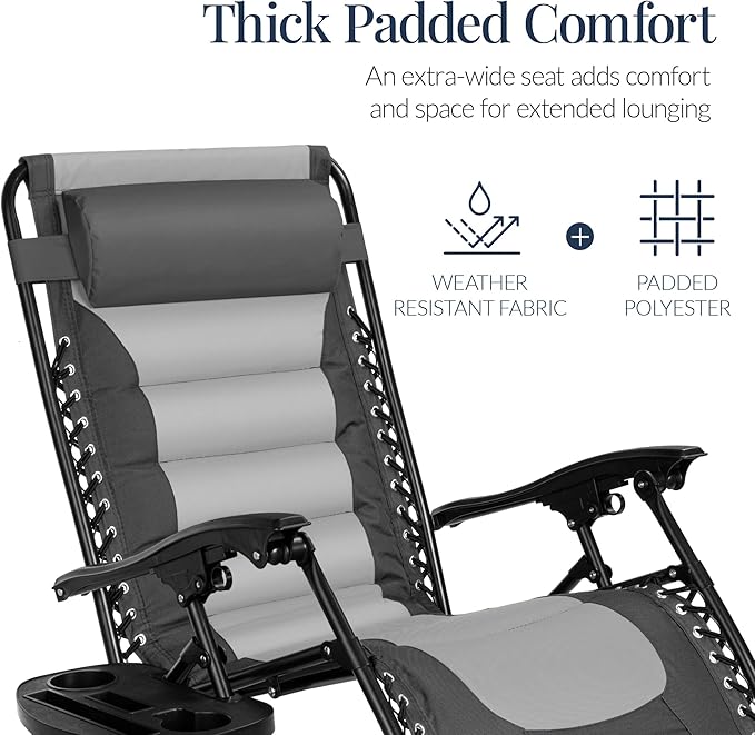 Best Choice Products Oversized Padded Zero Gravity Chair, Folding Outdoor Patio Recliner, XL Anti Gravity Lounger for Backyard w/Headrest, Cup Holder, Side Tray, Polyester Mesh - Gray/Light Gray - Image 5