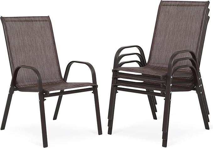 Outdoor Stackable Chairs Set of 4, Stacking Patio Chairs with Textilene Fabric, Outside Furniture for Garden Backyard Balconie Poolside Deck, Brown by Villeston
