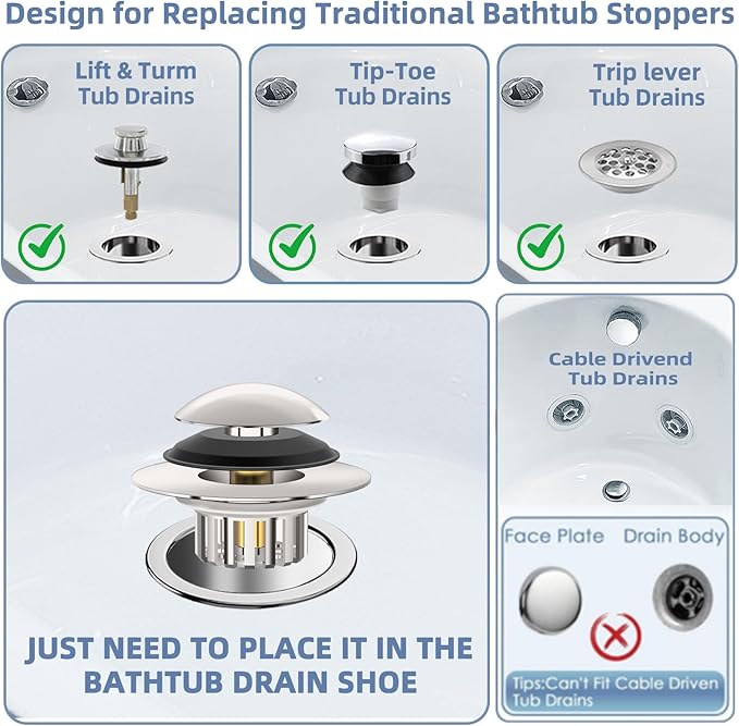 Universal 3 in 1 Bathtub Drain Stopper Bathtub, Pop-up Tub Stopper - Image 6