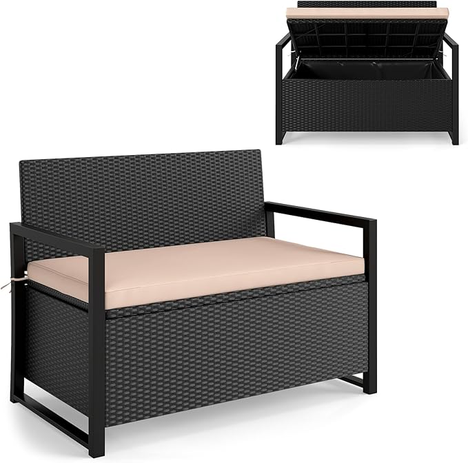 RELAX4LIFE Wicker Outdoor Bench with Storage - Rattan Deck Box w/Protective Liner for Pillows, Pool Supplies, Garden Tools, Patio Loveseat with Seat Cushion & Metal Armrests for Backyard Porch Balcony by RELAX4LIFE