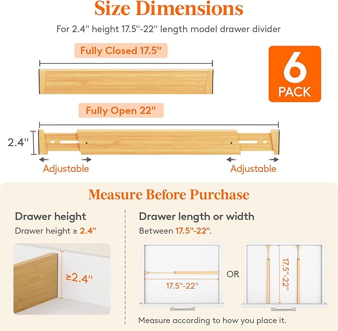 Lifewit 2.4" High 6 Pack Bamboo Drawer Dividers 45-55cm/17.5-22" Adjustable - Image 3