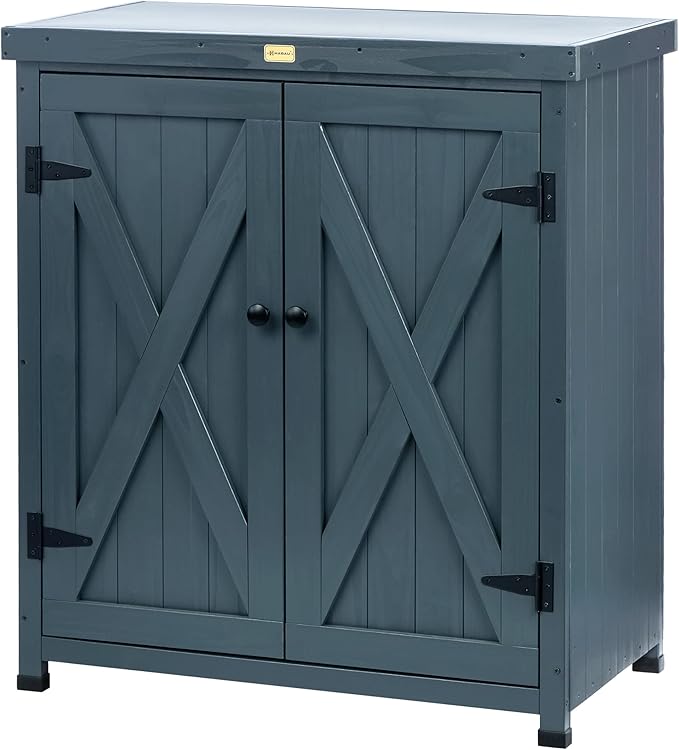 HABAU Outdoor Storage Cabinets Weatherproof for Patio, Garden Work Bench with Shelves & Metal Tabletop, Wooden Potting Table Workstation by HABAU