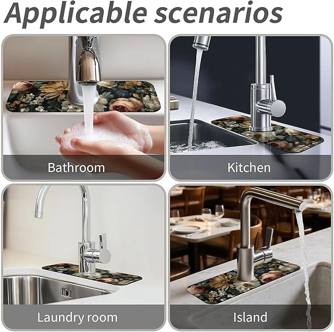 Kitchen Sink Splash Guard，Dark-floral Faucet Mat Sink Gadgets-Super Absorbent - Image 7