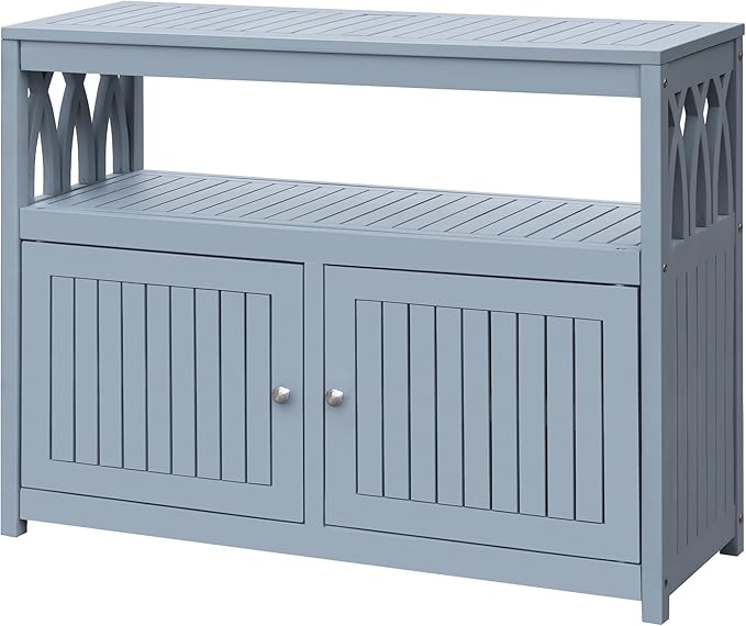 Greesum 2-Tier Outdoor Storage Cabinet in Acacia Wood, with 2 Magnetic Doors, for Garden, Picnic, Buffet, TV Stand, or Bar Table, Grey by BuynowfromGreesum
