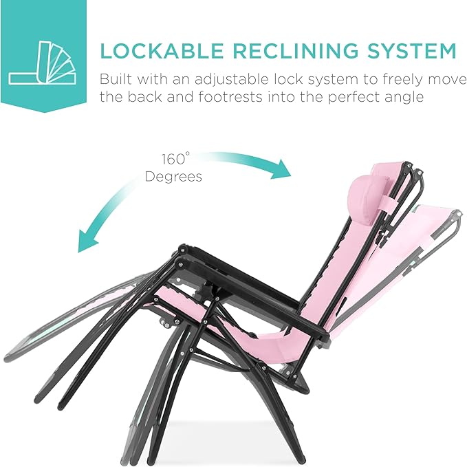 Best Choice Products Folding Zero Gravity Outdoor Recliner Patio Lounge Chair w/Adjustable Canopy Shade, Headrest, Side Accessory Tray, Textilene Mesh - Bubblegum Pink - Image 3