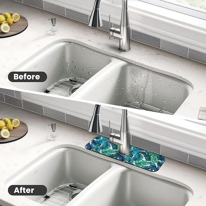 Green Tropical Palm Leaf Summer Kitchen Sink Splash Guard Faucet Mat 1 Pcs - Image 4