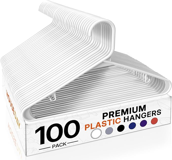 HOUSE DAY White Plastic Hangers 100 Pack, Plastic Clothes Hangers by HOUSEDAY