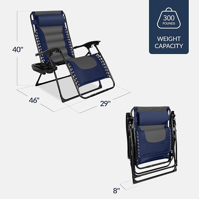 Best Choice Products Oversized Padded Zero Gravity Chair, Folding Outdoor Patio Recliner, XL Anti Gravity Lounger for Backyard w/Headrest, Cup Holder, Side Tray, Polyester Mesh - Navy/Gray - Image 3