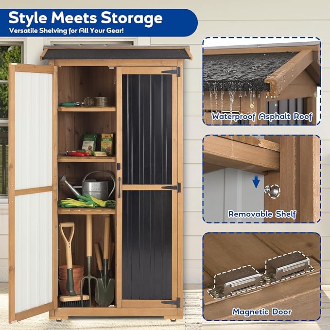 Outdoor Storage Cabinet Weather-Resistant, Wood & Metal Storage Shed with 3 Removable Shelves, Waterproof Roof, Adjustable Feet, Patio Storage Cabinet Outside for Garden Garage Backyard Pool - Image 5