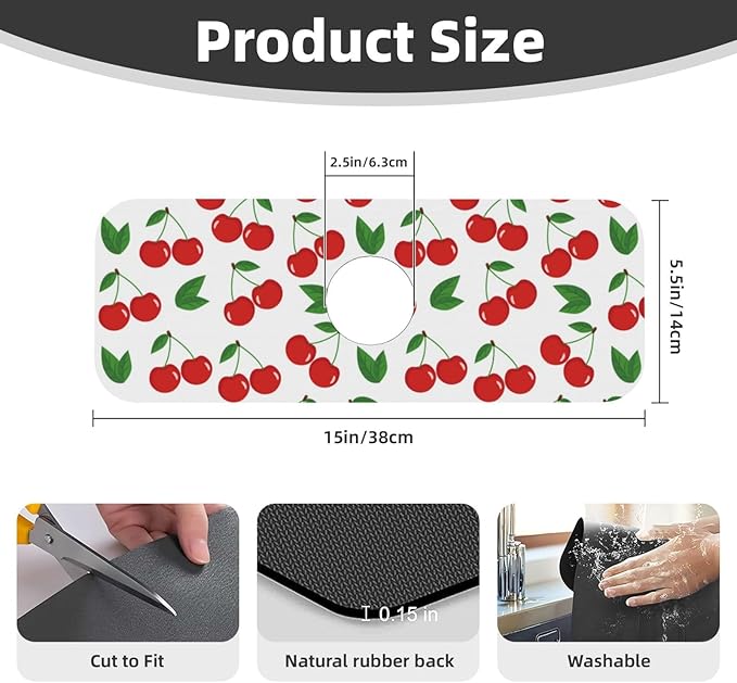 Fruit Cherry Red Cherries Leaves Leaf White Kitchen Sink Splash Guard Faucet - Image 2