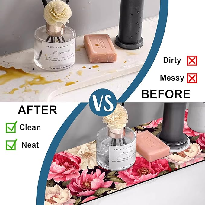 Garden Flowers Kitchen Sink Splash Guard Faucet Mat Watercolor Peonies Super - Image 6