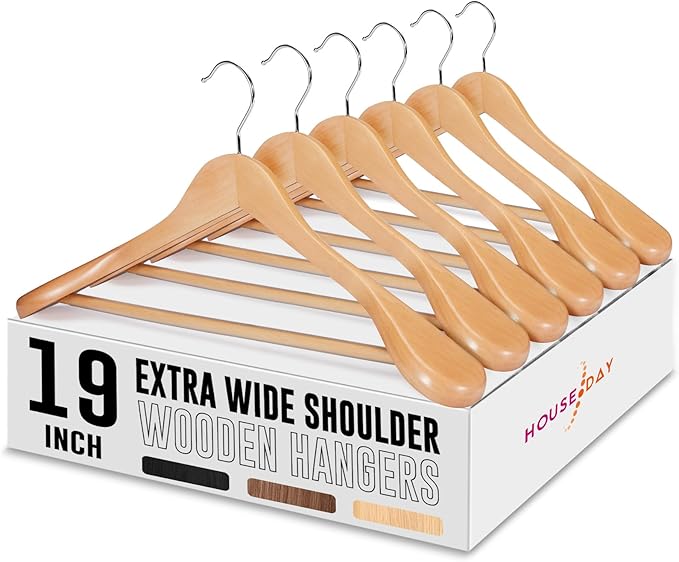 HOUSE DAY 19'' Extra Wide Shoulder Wooden Hangers 6 Pack, Premium Large Wood by HOUSEDAY