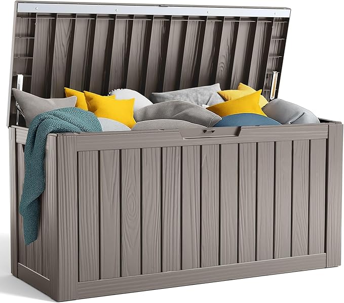 90 Gallon Resin Deck Box, Lockable Patio Outdoor Storage Box for Furniture, Garden Tools and Tools Storage, Waterproof Outside Storage Boxes - Grey by OutdoorLivingPerfected