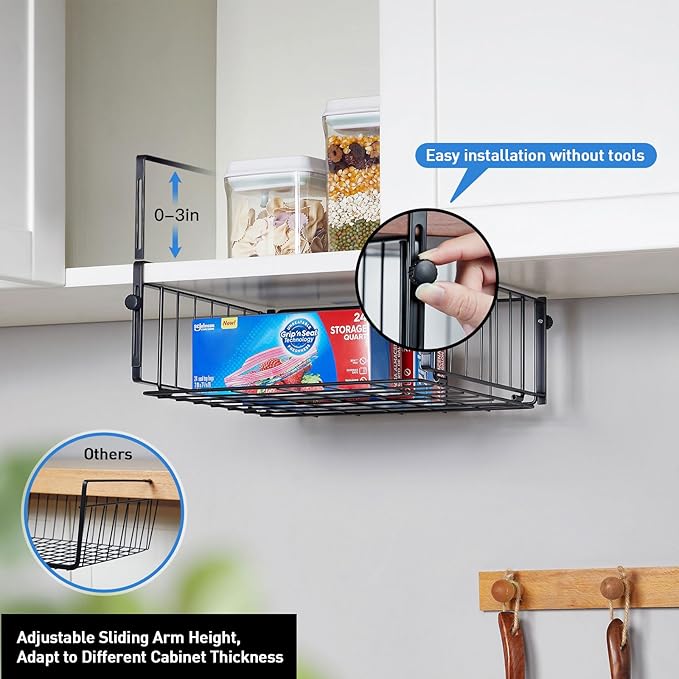 2 Pack Hanging Under Shelf Storage Basket, Adjustable Under Cabinet Add-on - Image 2